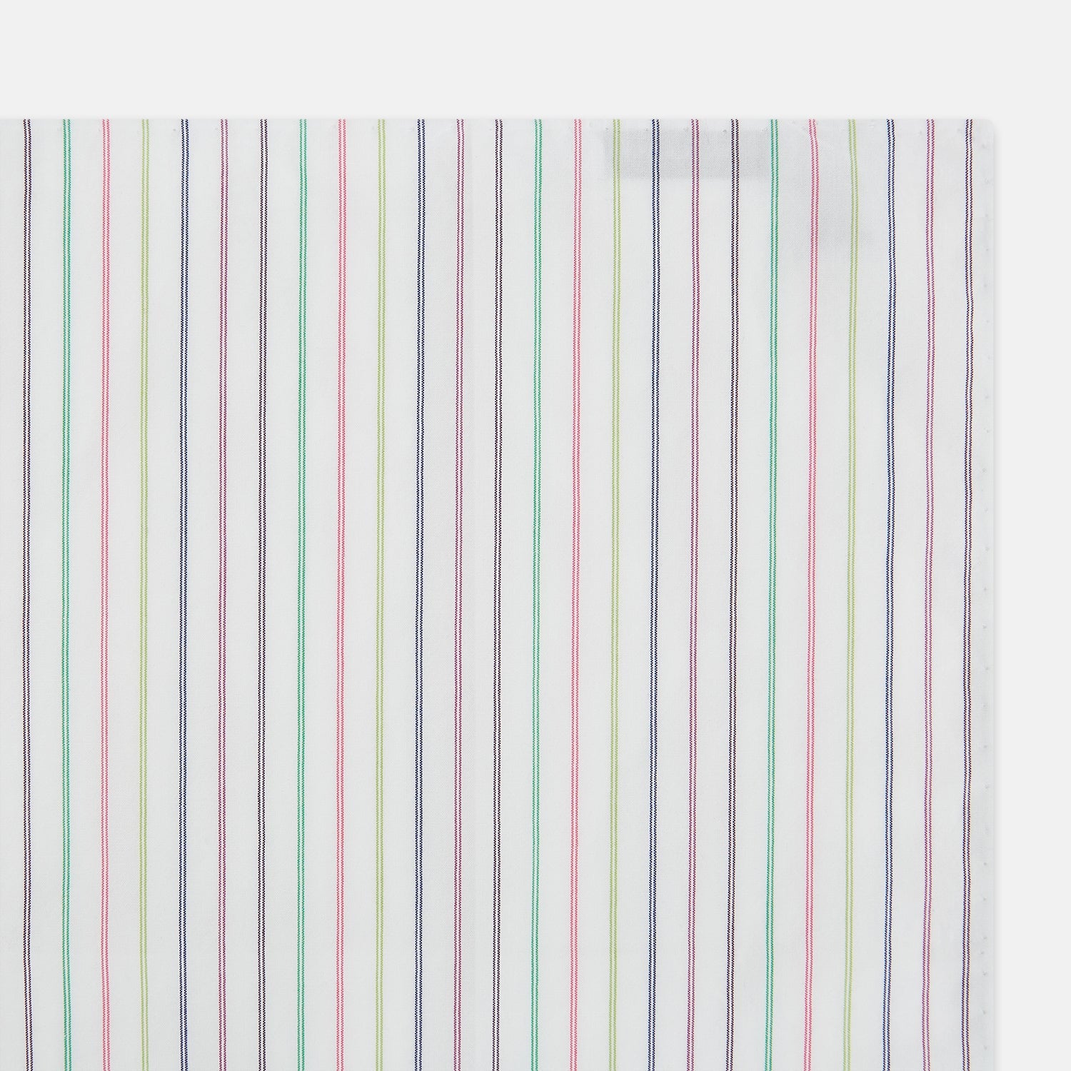 View 1 of product The Green Multi Double Pinstripe Hand-Rolled Handkerchief by Turnbull & Asser features a white fabric with thin pink, yellow, blue, and green pinstripes and hand-rolled edges, displayed against a plain background.