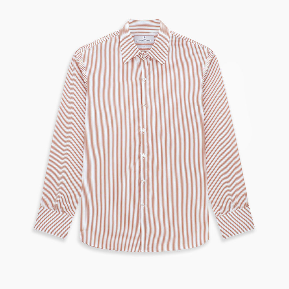 The Orange Multi Stripe Westminster Shirt by Turnbull & Asser features thin vertical orange and white stripes, a Turnbull collar, and long sleeves, elegantly displayed flat against a white background.