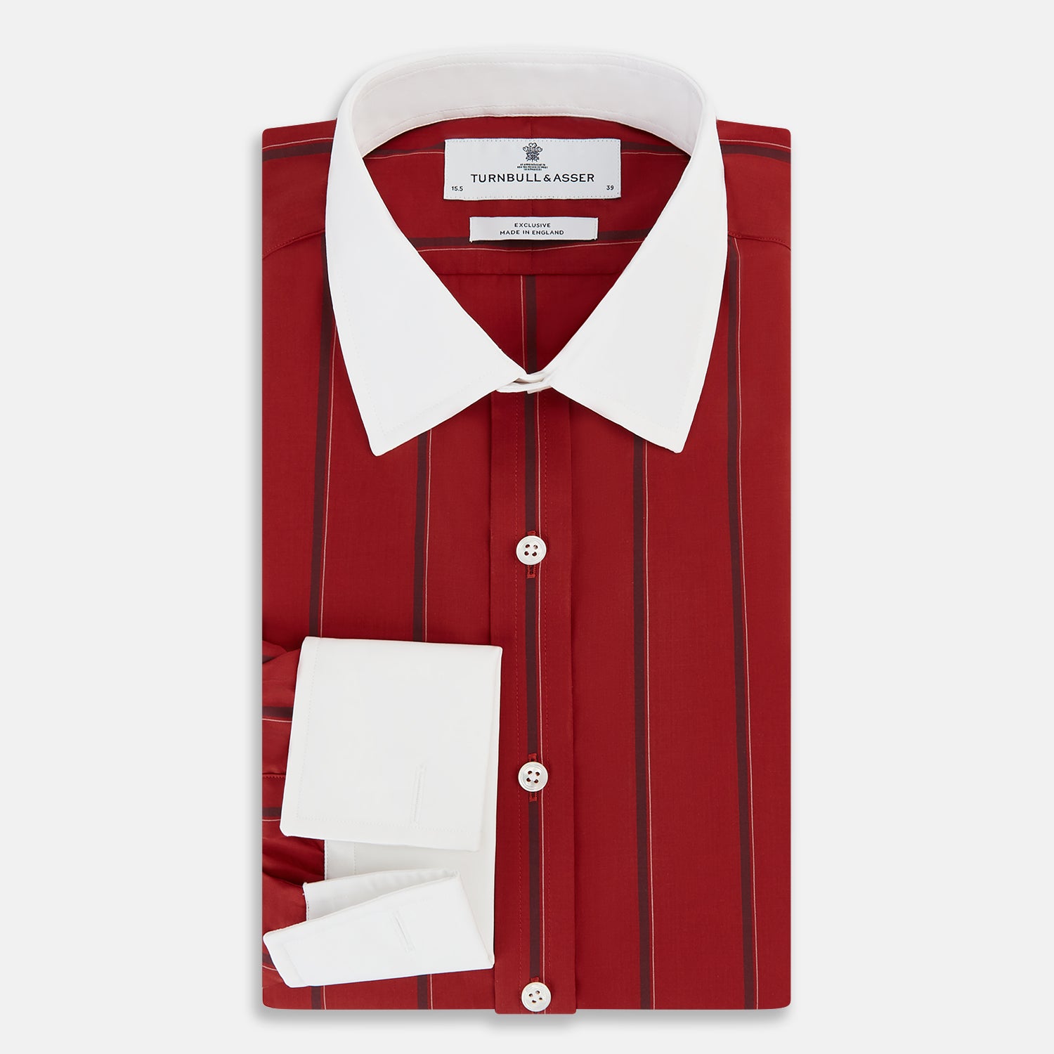 View 5 of product The Turnbull & Asser Dark Red Track Stripe Shirt with Contrast T&A Collar and Cuffs features vertical black stripes, a white collar and cuffs, Mayfair fit, and fine British craftsmanship, shown laid flat on a plain background.