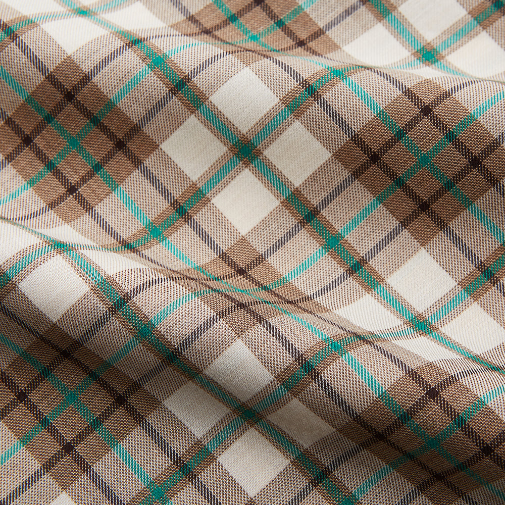 The Turnbull & Asser Green and Oatmeal Cotton Weekend Fit Langston Shirt features a Derby collar, long sleeves, two button-flap chest pockets, crisp white buttons, and a stylish plaid pattern.
