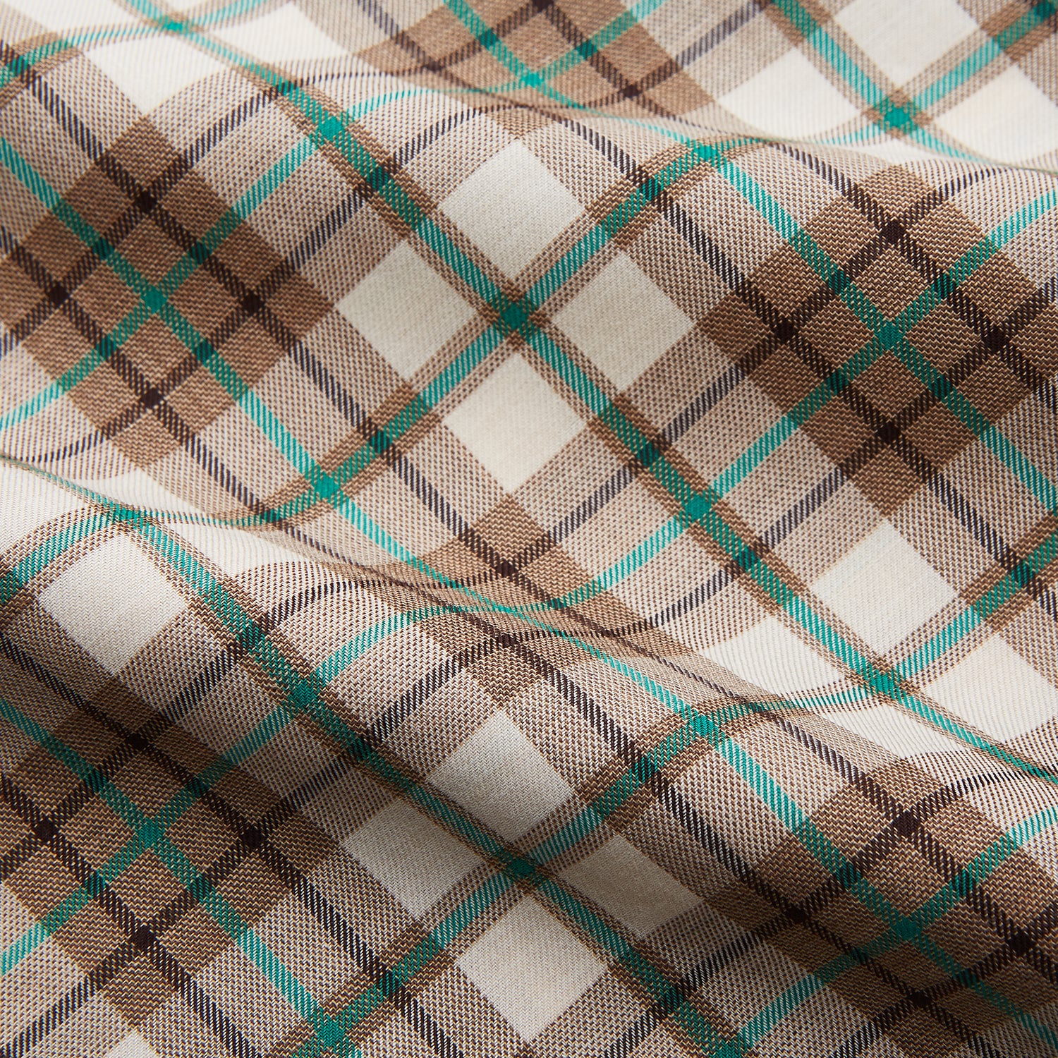 View 4 of product The Turnbull & Asser Green and Oatmeal Cotton Weekend Fit Langston Shirt features a Derby collar, long sleeves, two button-flap chest pockets, crisp white buttons, and a stylish plaid pattern.