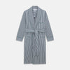 View 1 of product The Turnbull & Asser Green and Blue Stripe Cotton Arnold Gown features long sleeves, a knee-length cut, a shawl collar, front pockets, and an elegant wrap belt at the waist.