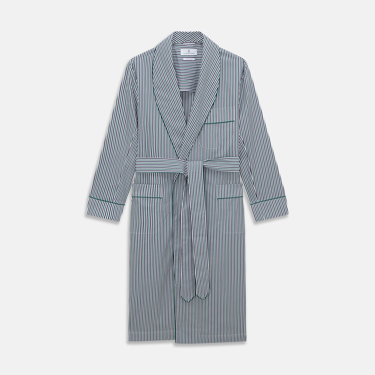 View 1 of product The Turnbull & Asser Green and Blue Stripe Cotton Arnold Gown features long sleeves, a knee-length cut, a shawl collar, front pockets, and an elegant wrap belt at the waist.