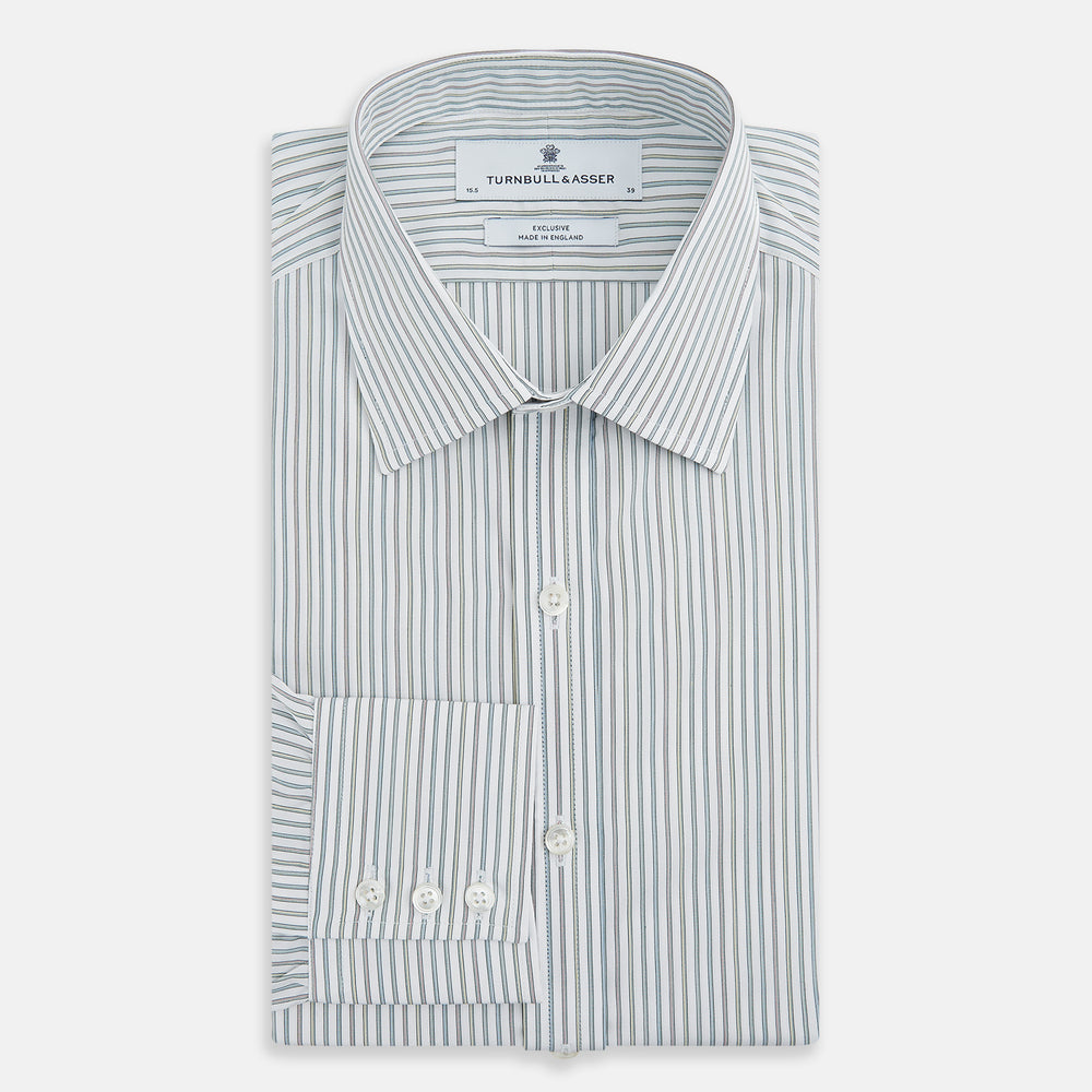 A Forest Green with Multicoloured Music Stripe Mayfair Shirt by Turnbull & Asser, featuring long sleeves, a signature T&A collar, and buttoned cuffs, laid flat on a white background.