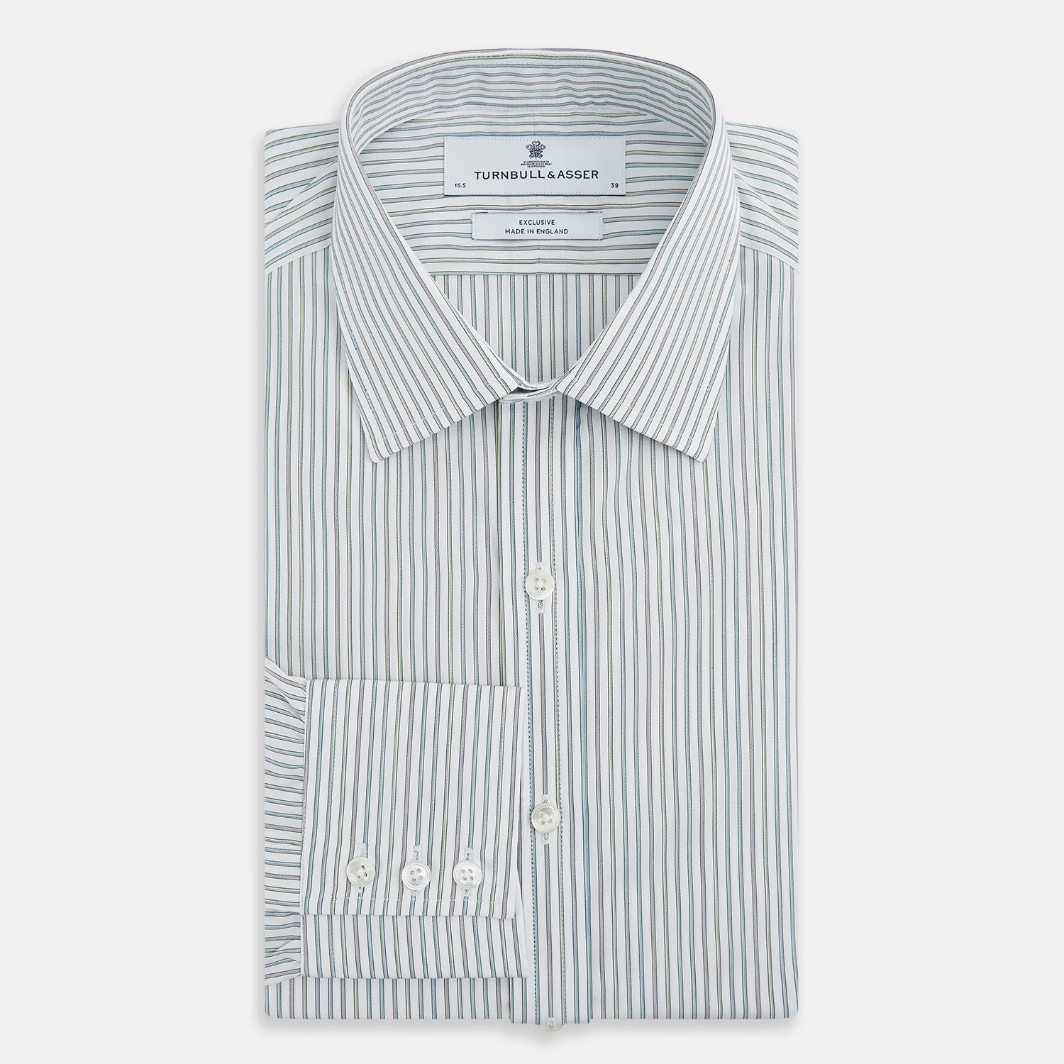 View 5 of product A Forest Green with Multicoloured Music Stripe Mayfair Shirt by Turnbull & Asser, featuring long sleeves, a signature T&A collar, and buttoned cuffs, laid flat on a white background.