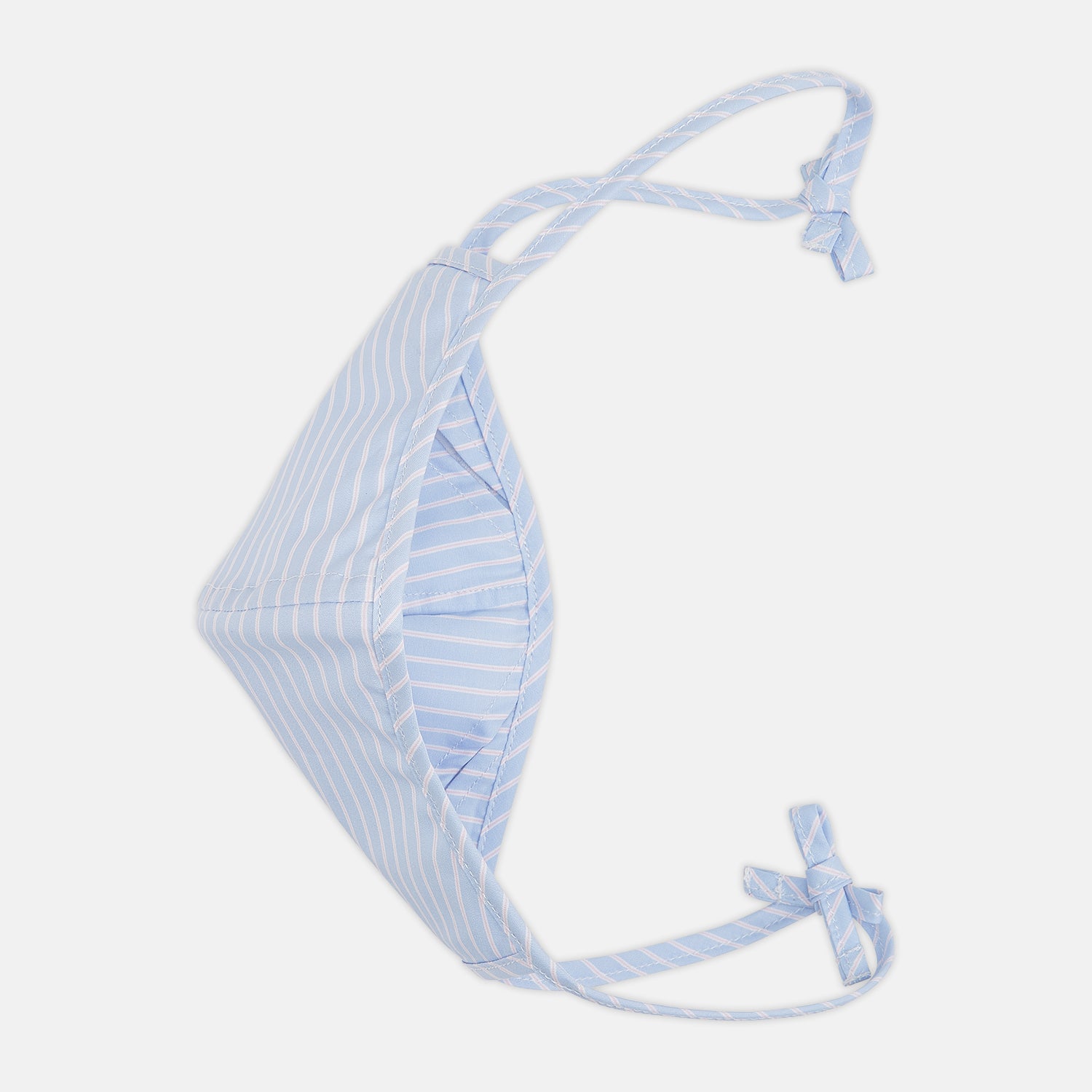 View 3 of product Turnbull & Asser's Exclusive Light Blue, White & Pink Stripe Commuter Mask features ear loops tied in bows and includes 3 VIROFORMULA™ filters for enhanced protection and comfort.