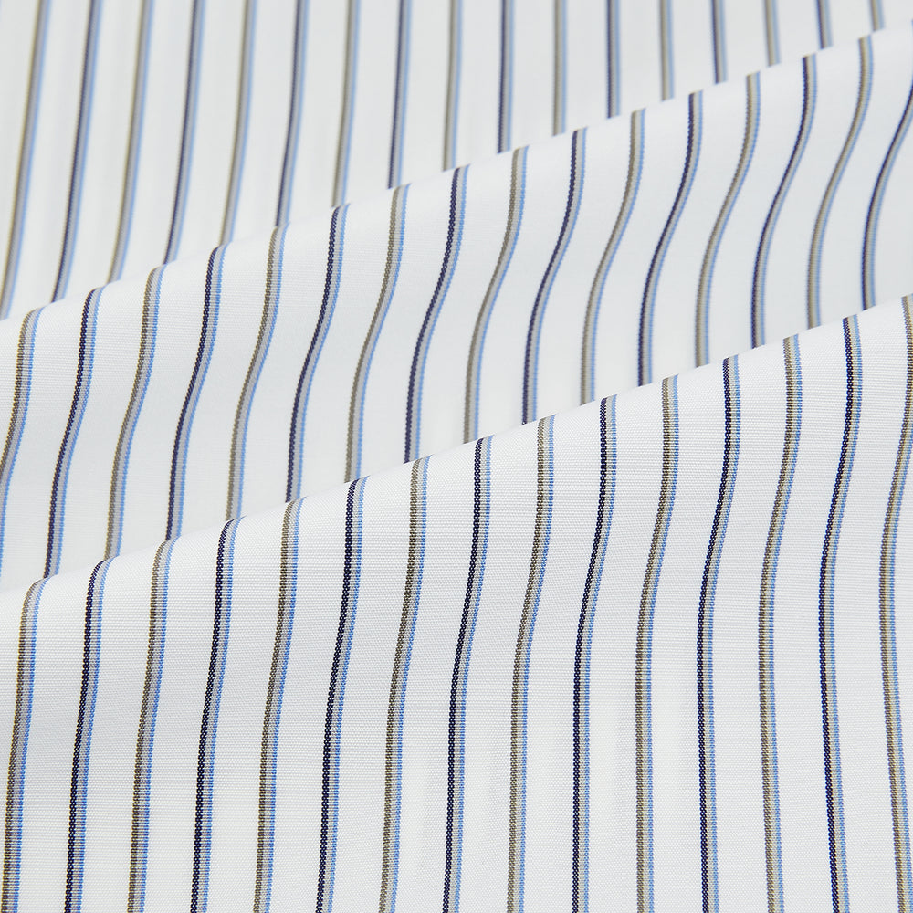 The Turnbull & Asser Brown and Blue Shadow Stripe Mayfair Shirt, featuring long sleeves, a pointed collar, and buttoned cuffs, is crafted from Italian fabric with vertical stripes and shown laid flat on a white background.