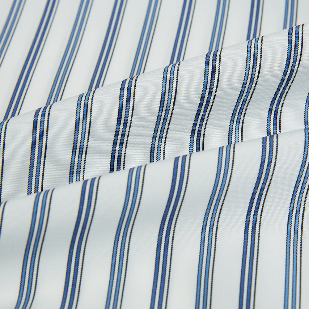 The Sapphire Blue Multi Track Stripe Westminster Shirt by Turnbull & Asser features a turnbull collar and vertical stripes, elegantly displayed flat against a white background—an ideal example of British craftsmanship.