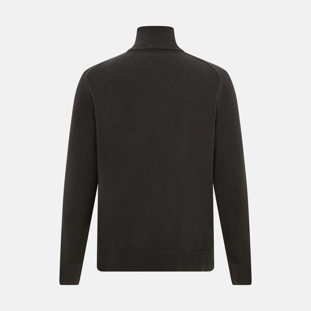 The Turnbull & Asser Brown Half-Zip Cashmere Jumper features a plain, long-sleeve design with a high collar and quarter-zip neckline, showcased against a white background.