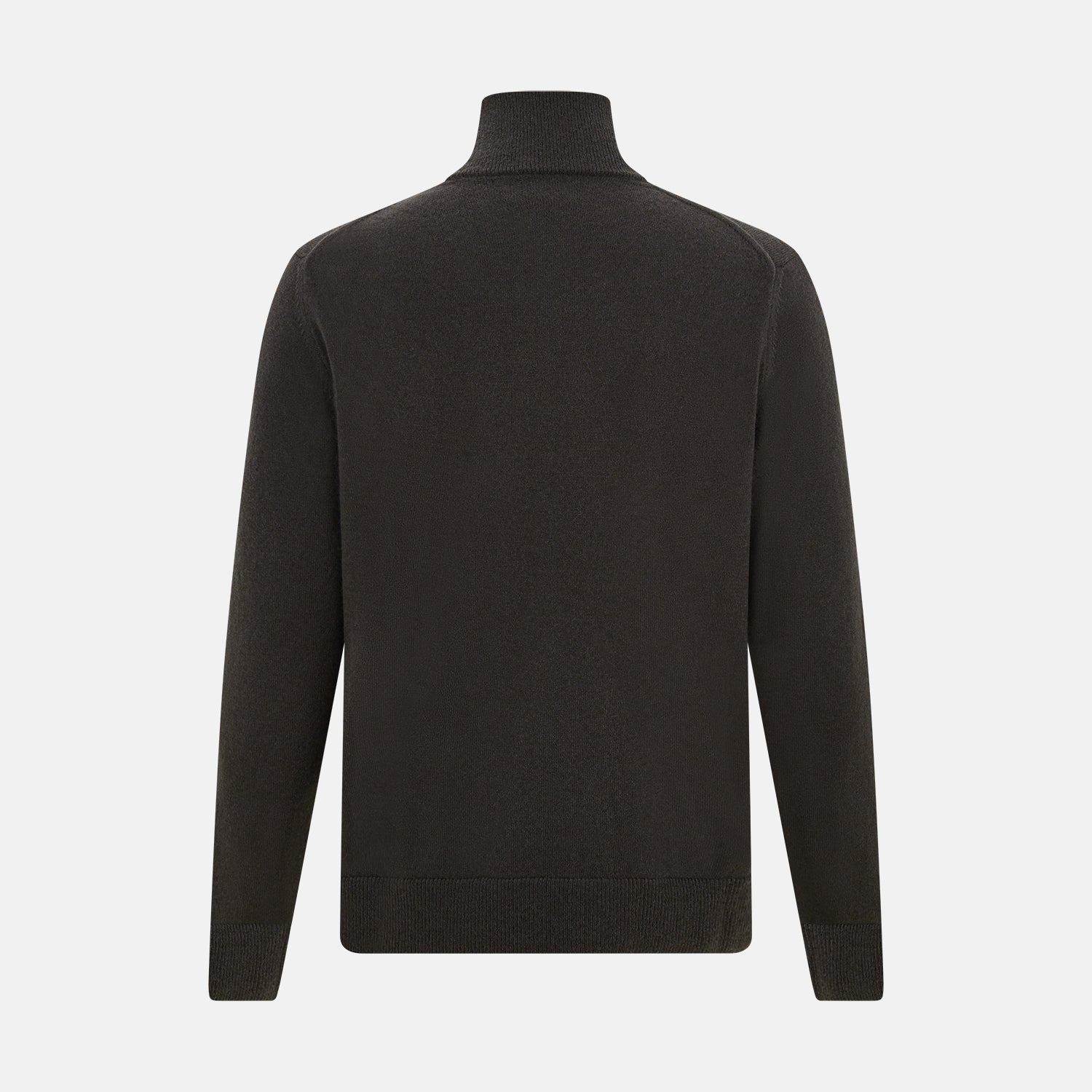 View 3 of product The Turnbull & Asser Brown Half-Zip Cashmere Jumper features a plain, long-sleeve design with a high collar and quarter-zip neckline, showcased against a white background.