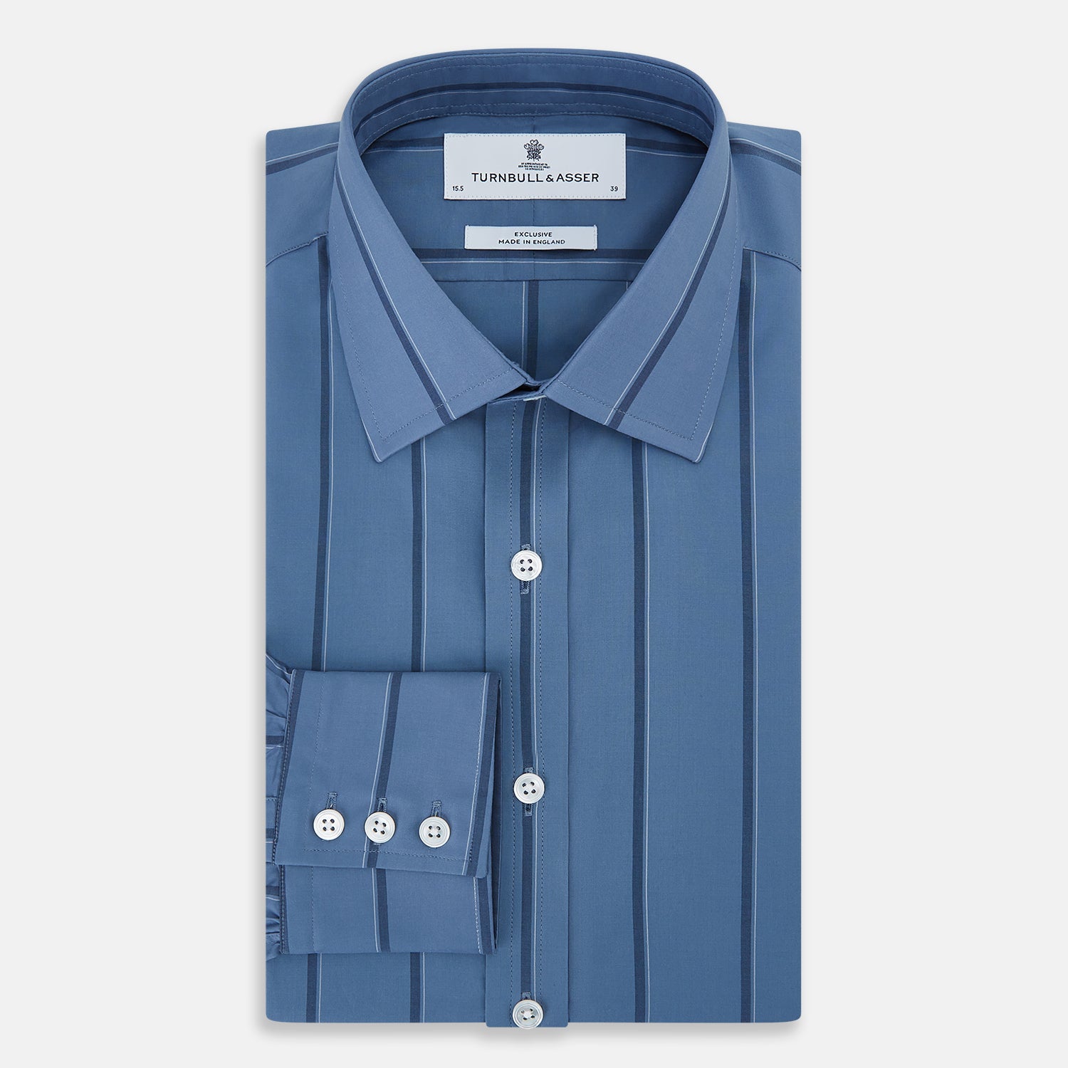 View 5 of product The Turnbull & Asser Steel Grey and Navy Track Stripe Mayfair Shirt features long sleeves, a collar, white buttons, and a relaxed fit, shown on a plain white background.
