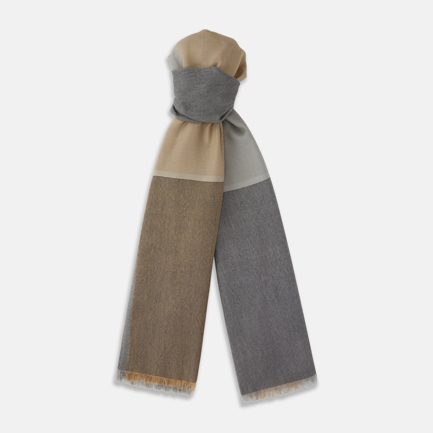 View 1 of product The Turnbull & Asser Grey and Beige Cashmere Scarf features beige, tan, gray, and charcoal color blocks in a rectangular shape with fringed edges at both ends, elegantly displayed against a plain white background.