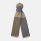The Turnbull & Asser Grey and Beige Cashmere Scarf features beige, tan, gray, and charcoal color blocks in a rectangular shape with fringed edges at both ends, elegantly displayed against a plain white background.
