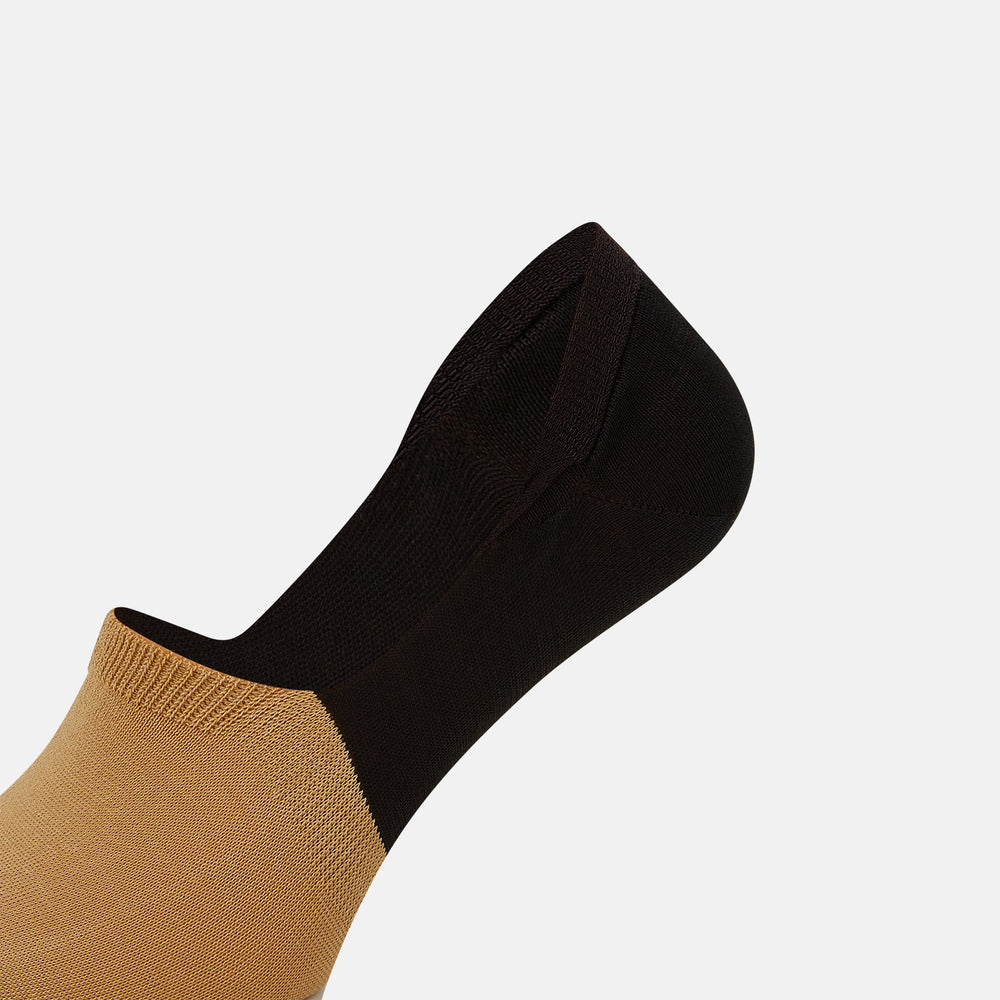 Turnbull & Asser's Dark Chocolate No-Show Socks are low-cut, crafted from soft cotton with a tan front and toe, and a dark chocolate heel, sole, and back—an elevated twist on classic no-show socks, shown against a plain white background.