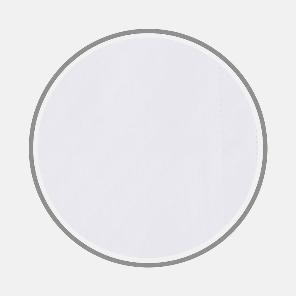 A round frame with a light gray border surrounds the White Two-Fold 200 Cotton Fabric by Turnbull & Asser, featuring a plain white surface with subtle texture and soft shading variations.