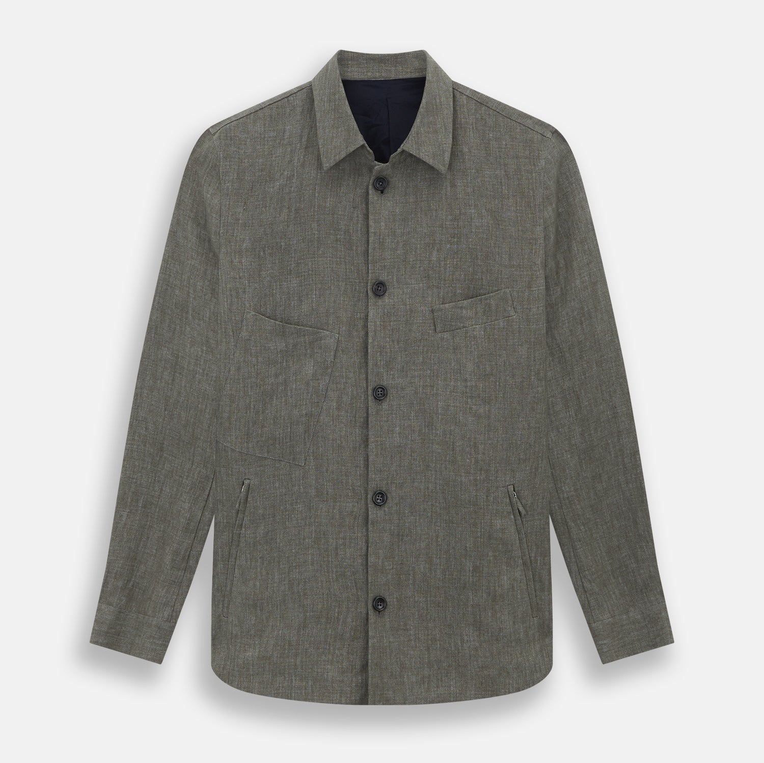 View 1 of product The Olive Linen Holland Shacket by Turnbull & Asser is a lightweight olive button-up jacket in Irish linen with a collar, two front pockets, one chest pocket, and slanted hem pockets—ideal outerwear shown on a plain white background.
