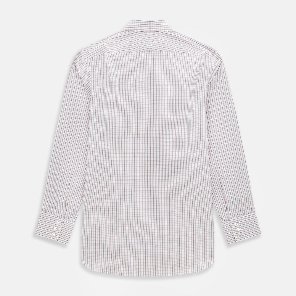 The Turnbull & Asser Red and Blue Multi Check Mayfair Shirt is a long-sleeve button-down made from Italian cotton with a white base and a light red and blue check pattern, shown laid flat on a white background.