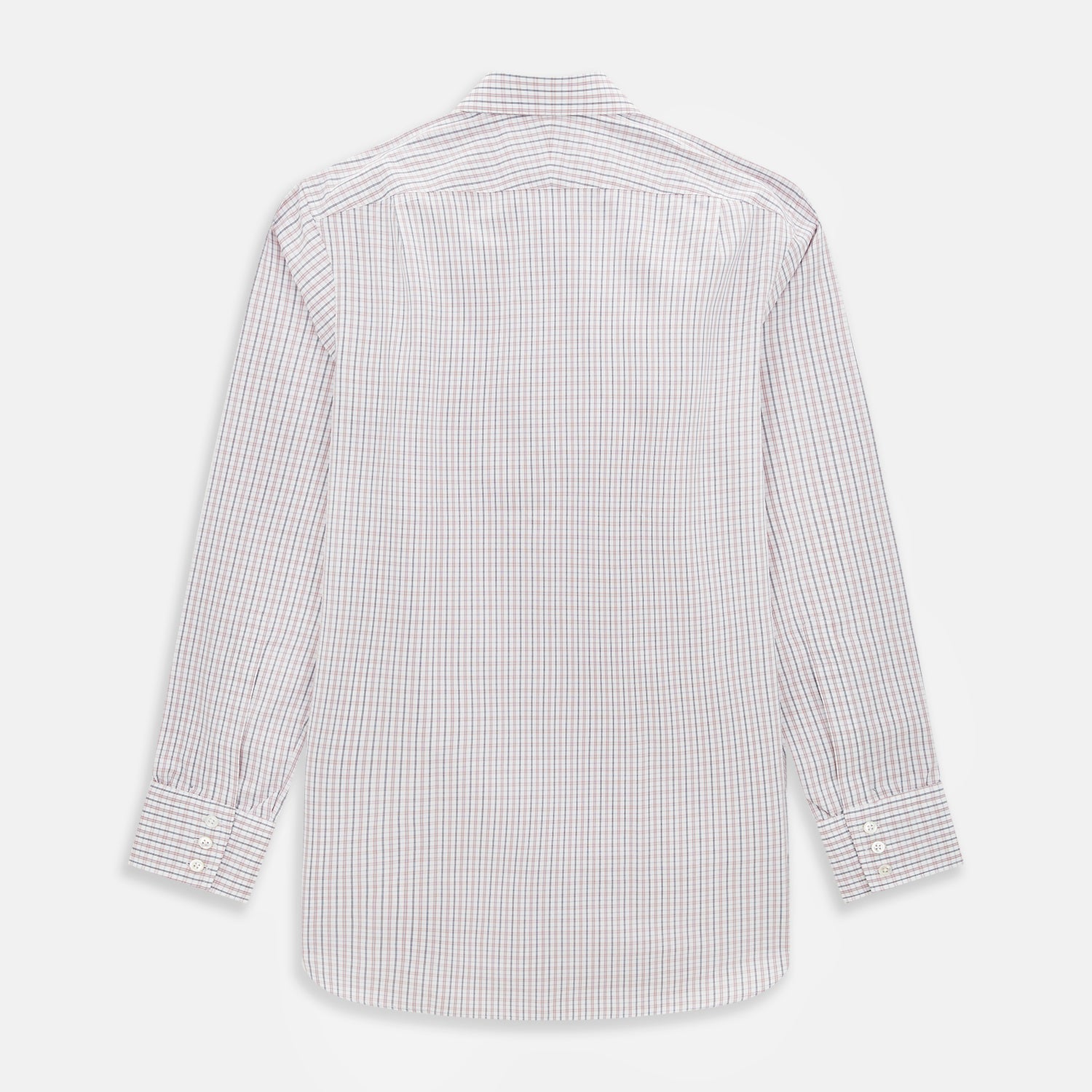 View 3 of product The Turnbull & Asser Red and Blue Multi Check Mayfair Shirt is a long-sleeve button-down made from Italian cotton with a white base and a light red and blue check pattern, shown laid flat on a white background.