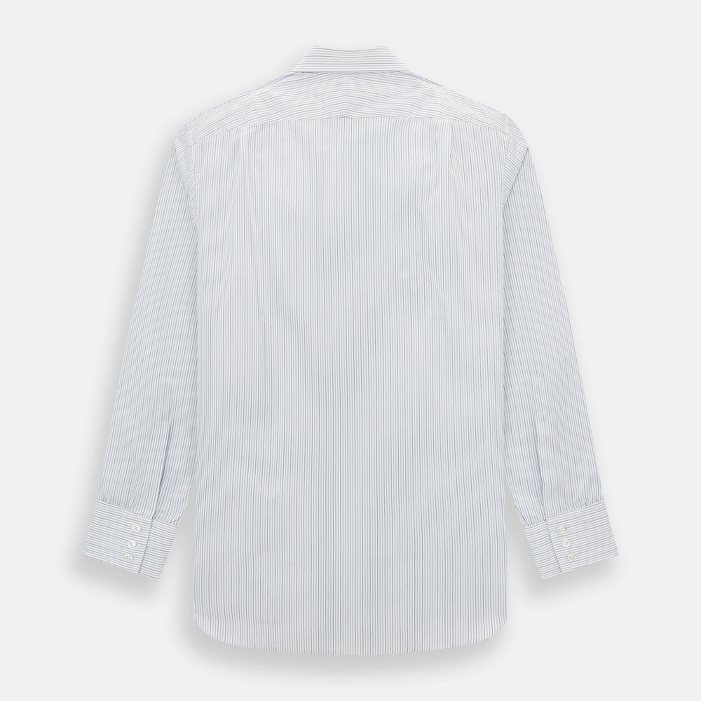 The Navy and Blue Pinstripe Mayfair Shirt by Turnbull & Asser, featuring a classic collar and crafted from premium Italian cotton, is shown against a white background.