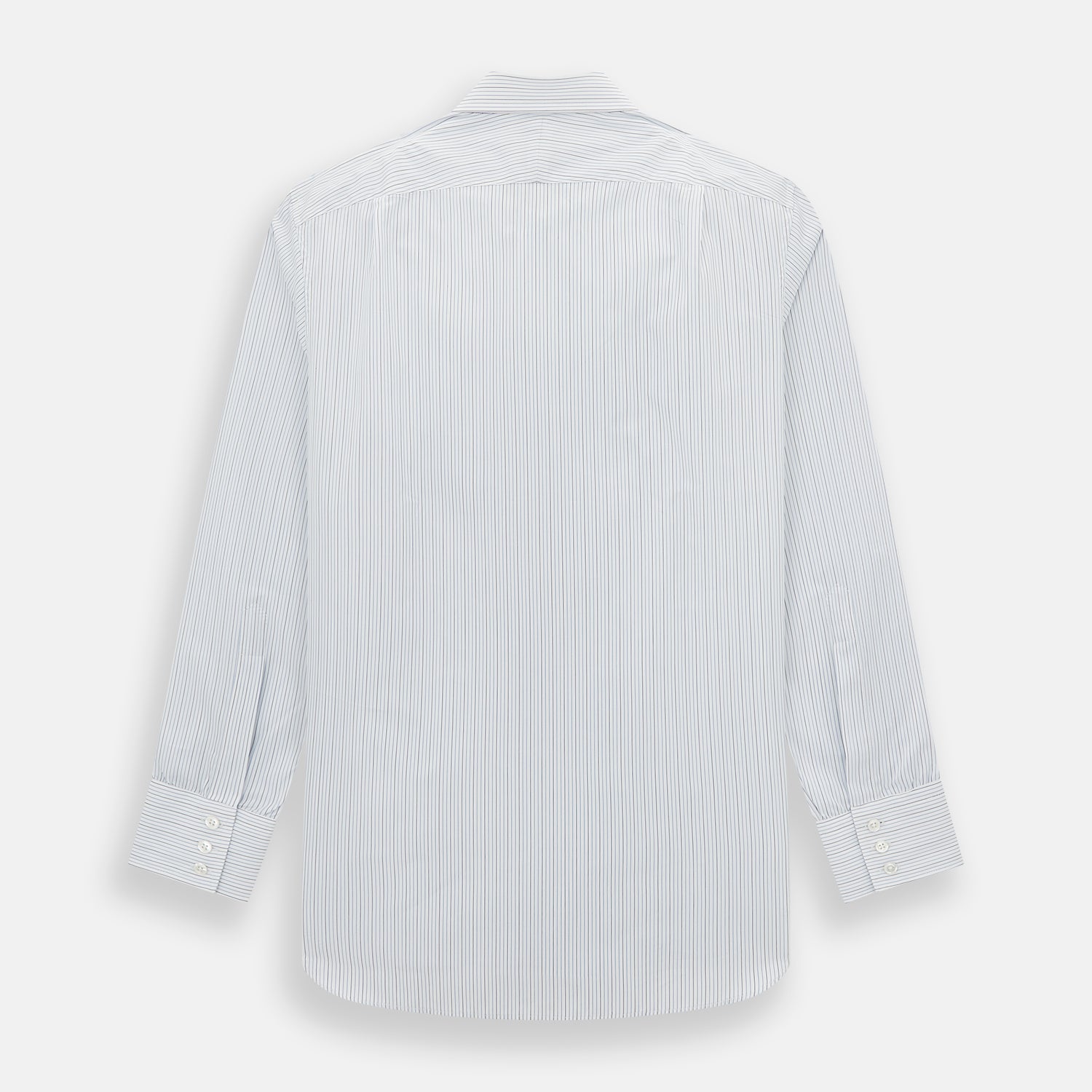 View 3 of product The Navy and Blue Pinstripe Mayfair Shirt by Turnbull & Asser, featuring a classic collar and crafted from premium Italian cotton, is shown against a white background.