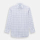 The Turnbull & Asser Lilac Grid Check Mayfair Shirt is a long-sleeve, button-up style crafted from Italian cotton with a white base and lilac grid check pattern, shown on a plain white background.