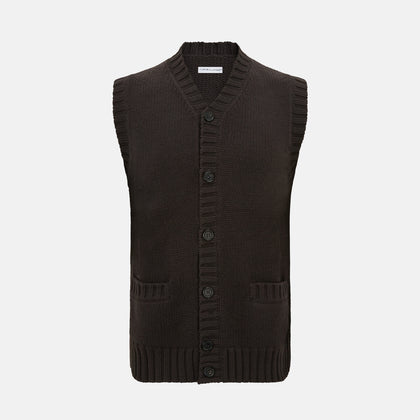 Brown Merino V-Neck Sleeveless Cardigan