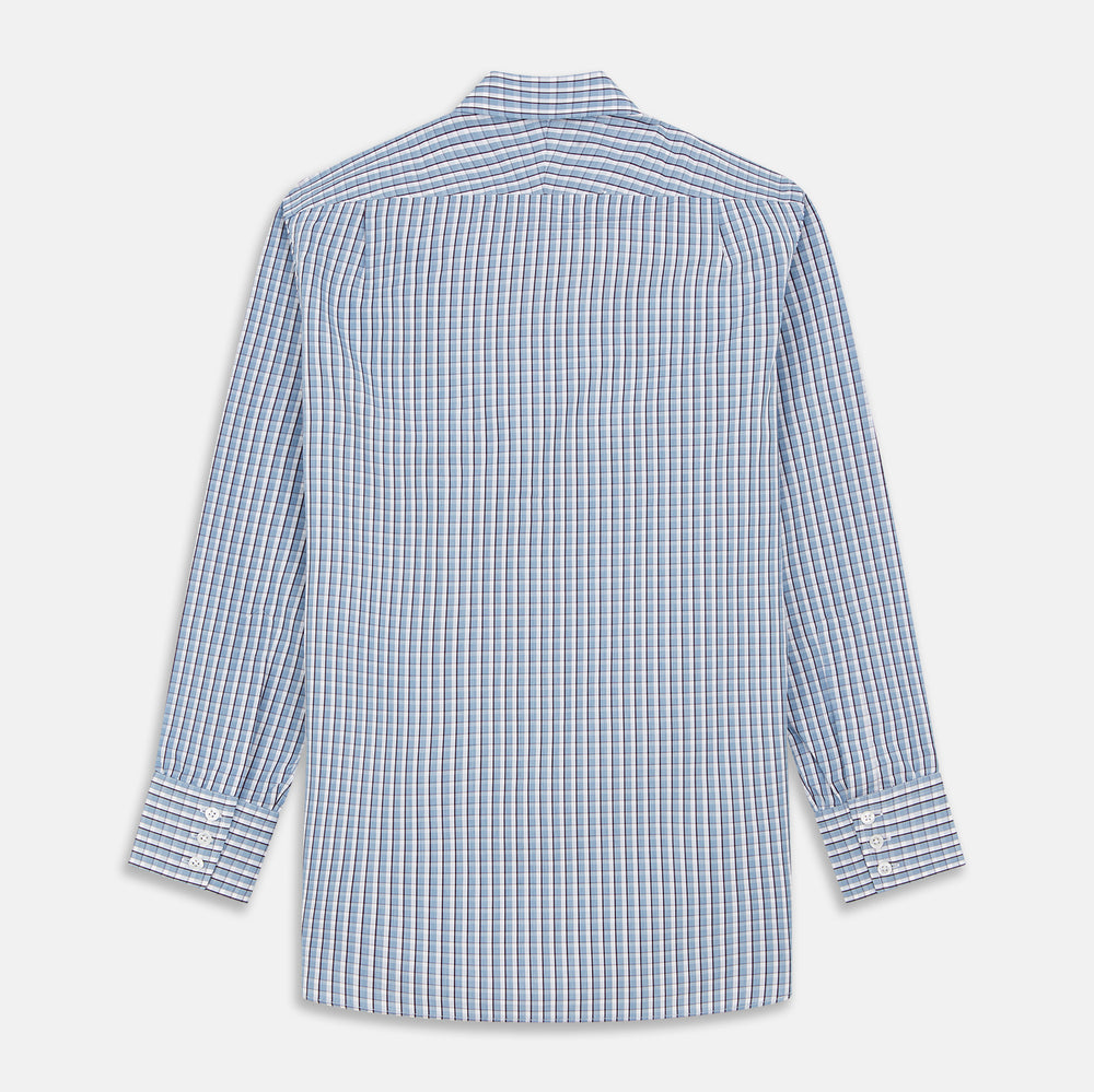 The Turnbull & Asser Blue and White Check Cotton Regular Fit Mayfair Shirt features long sleeves, a pointed collar, and buttoned cuffs, shown here on a white background.