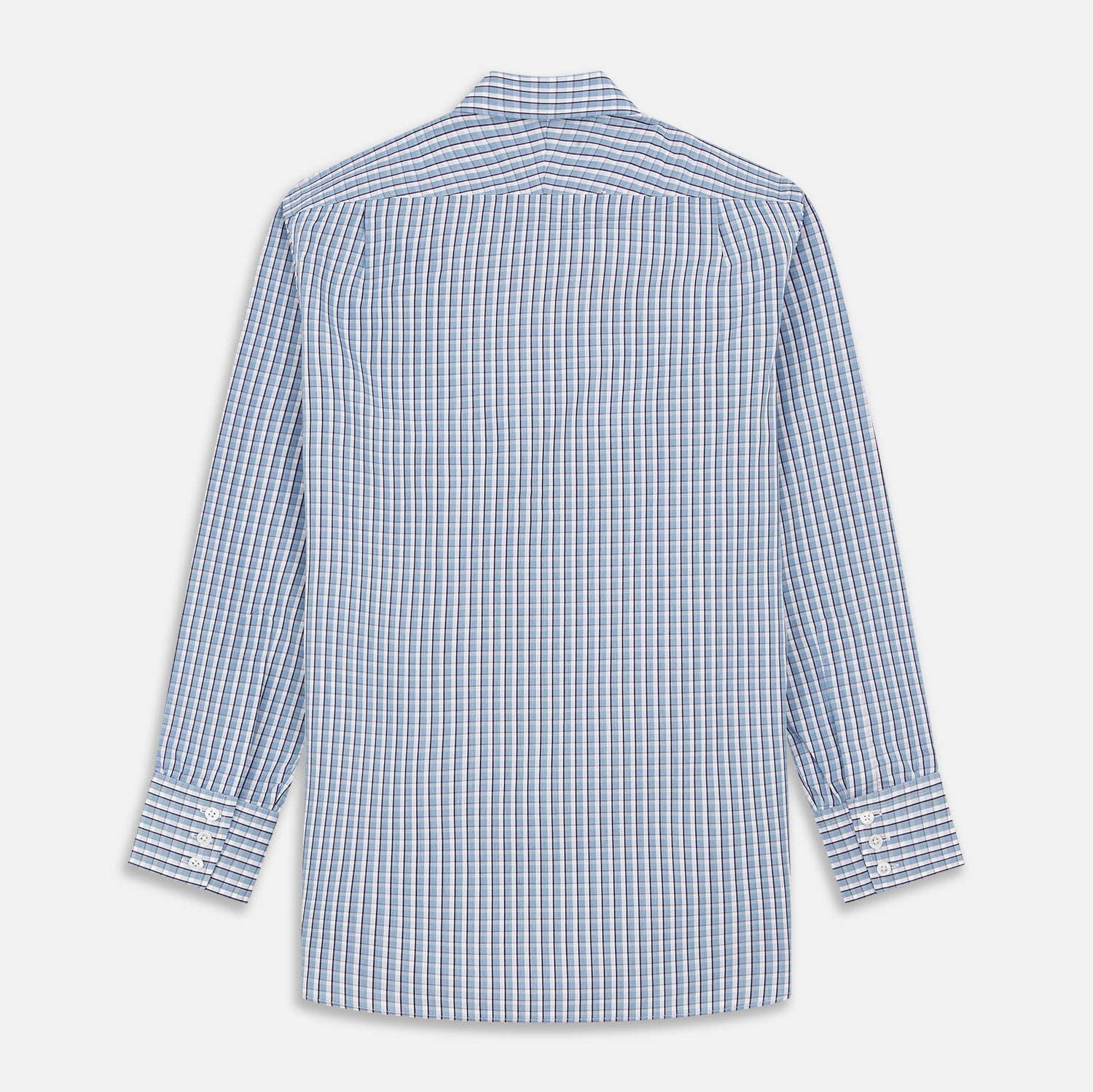 View 3 of product The Turnbull & Asser Blue and White Check Cotton Regular Fit Mayfair Shirt features long sleeves, a pointed collar, and buttoned cuffs, shown here on a white background.