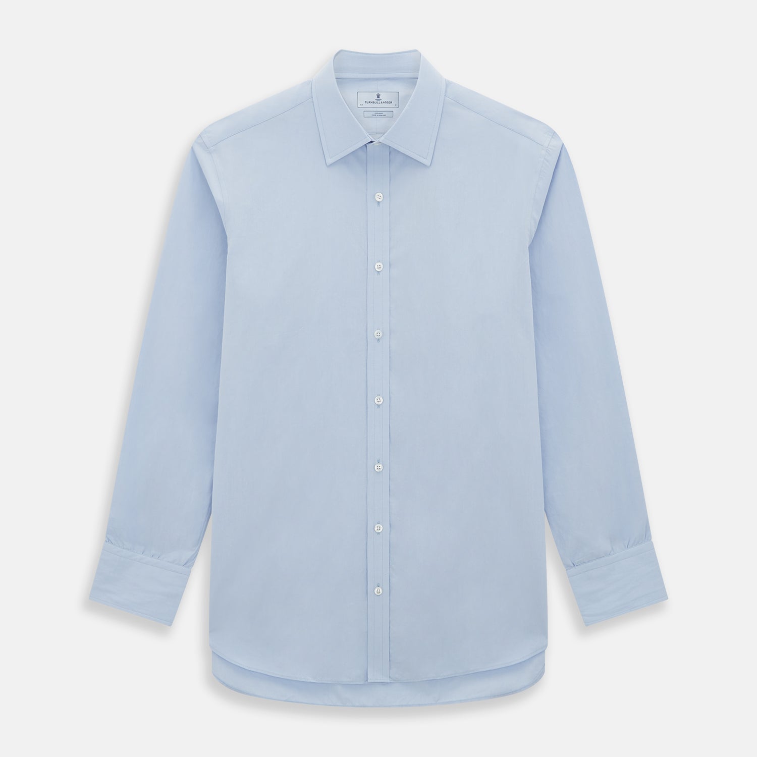 View 1 of product The Pale Blue Mayfair Shirt by Turnbull & Asser is a long-sleeve, button-up dress shirt with a pointed collar and buttoned cuffs, crafted from sanforised cotton and shown laid flat on a white background.