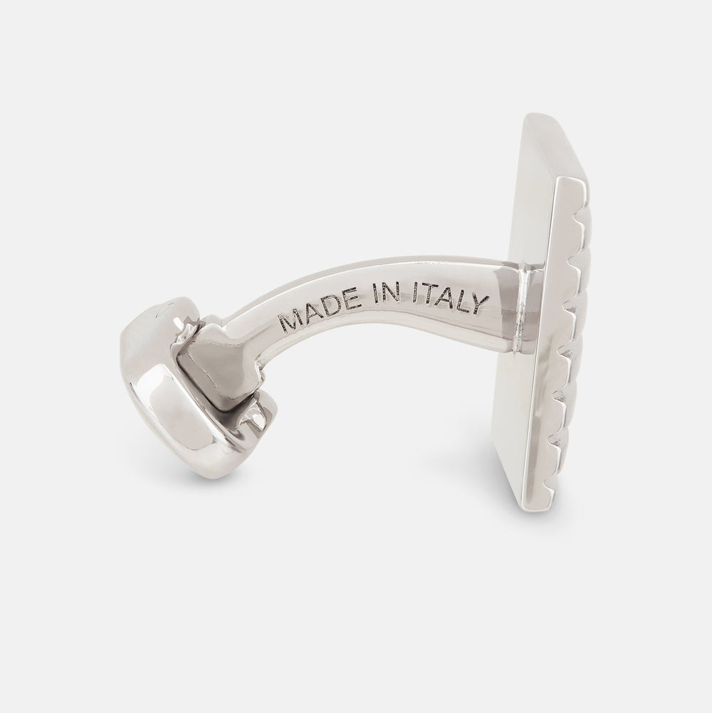 Turnbull & Asser Silver Striped Square Cufflinks feature a ridged, horizontal line design on sterling silver, set against a white background.