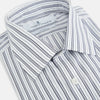View 2 of product The Turnbull & Asser Navy Multi Stripe Mayfair Shirt, a pure cotton button-up with long sleeves and a collar, features thin vertical blue and white stripes and is displayed flat on a white background.