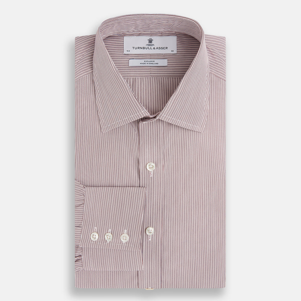 A Red and Pink Ticking Stripe Mayfair Shirt by Turnbull & Asser, featuring a classic T&A collar, buttoned cuffs, and subtle vertical pinstripes, shown on a white background.