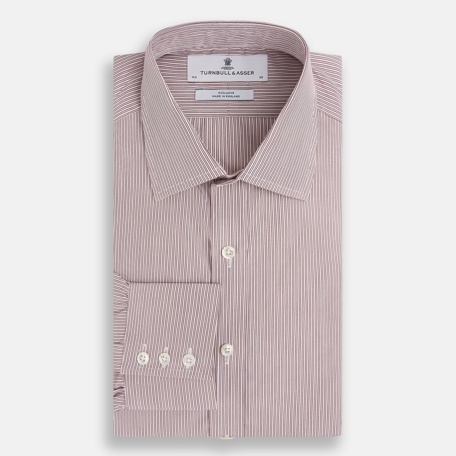 View 5 of product A Red and Pink Ticking Stripe Mayfair Shirt by Turnbull & Asser, featuring a classic T&A collar, buttoned cuffs, and subtle vertical pinstripes, shown on a white background.
