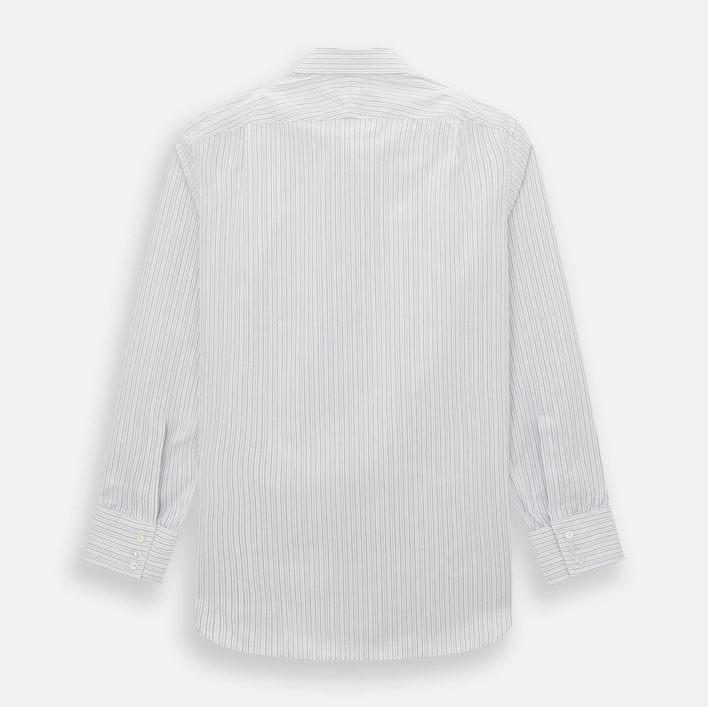 The Turnbull & Asser Blue Multi-Tone Double Pinstripe Mayfair Shirt, crafted from premium Italian cotton with a pointed collar, buttoned cuffs, and long sleeves, is shown on a plain white background.