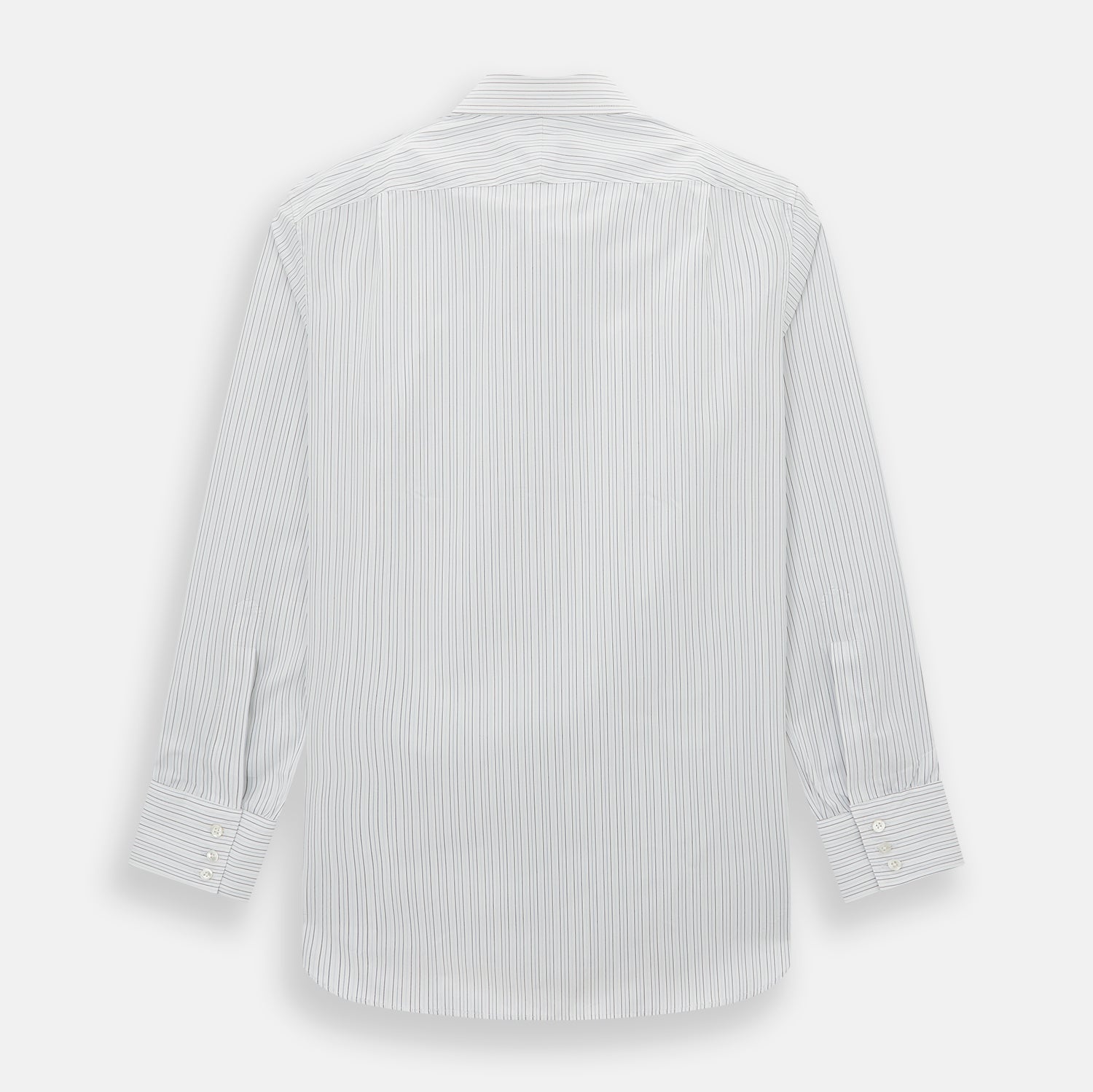 View 3 of product The Turnbull & Asser Blue Multi-Tone Double Pinstripe Mayfair Shirt, crafted from premium Italian cotton with a pointed collar, buttoned cuffs, and long sleeves, is shown on a plain white background.