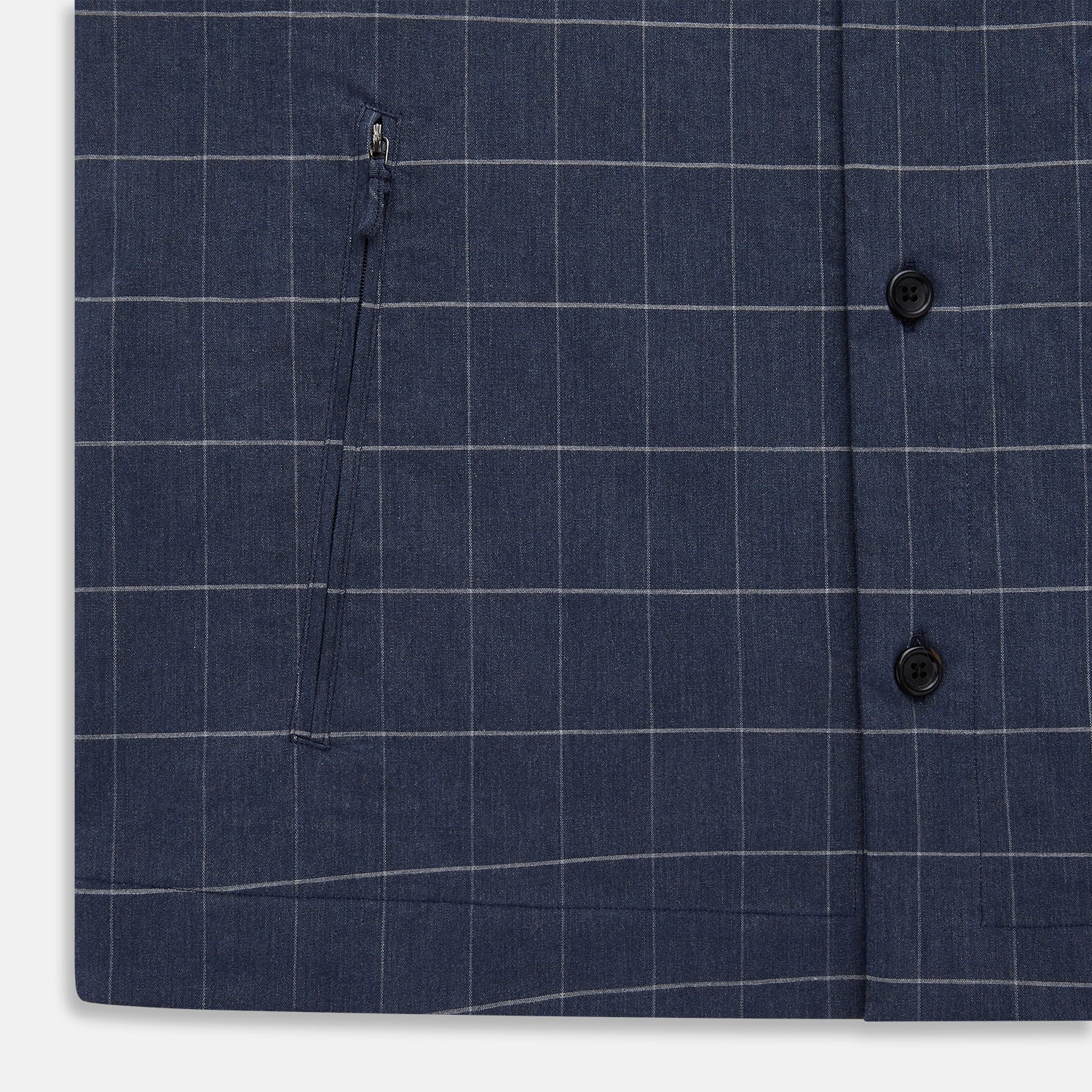 View 7 of product The Turnbull & Asser Royal Blue Check Hampstead Overshirt features a white windowpane pattern, long sleeves, two front pockets, and a chest pocket, displayed on a plain white background for an elegant classic look.