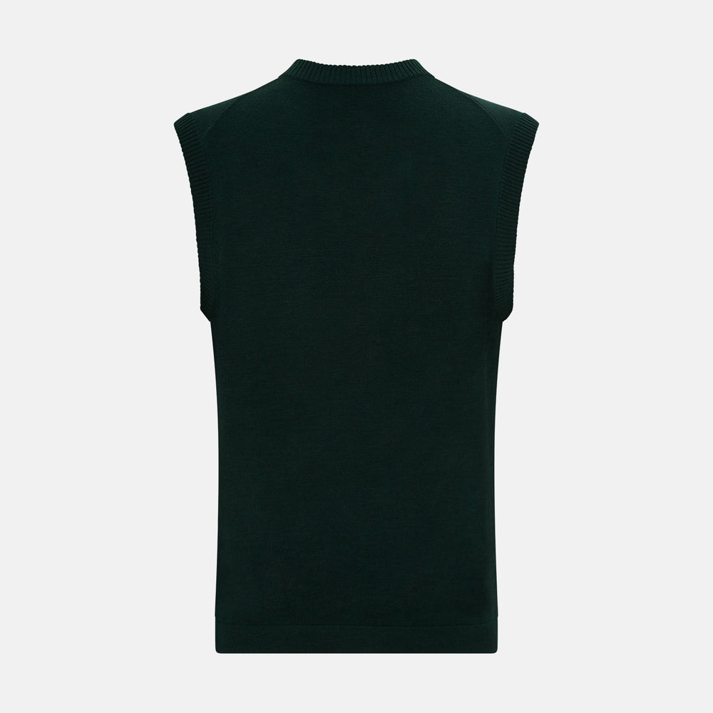 The Turnbull & Asser Forest Green Fine Merino V-Neck Vest is a sleeveless knitwear piece with ribbed edges, shown on a plain white background—ideal for elevating men’s sophisticated wardrobes.