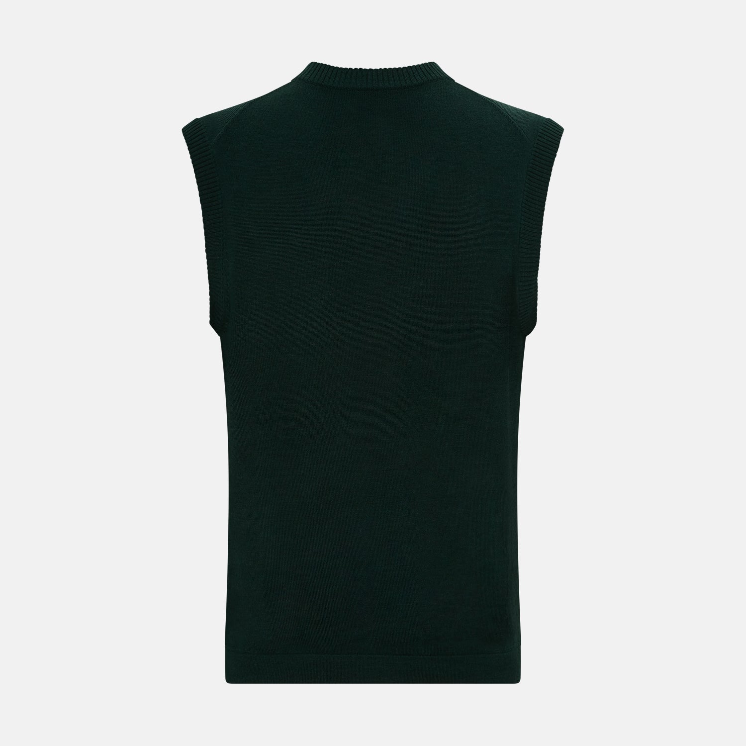 View 3 of product The Turnbull & Asser Forest Green Fine Merino V-Neck Vest is a sleeveless knitwear piece with ribbed edges, shown on a plain white background—ideal for elevating men’s sophisticated wardrobes.