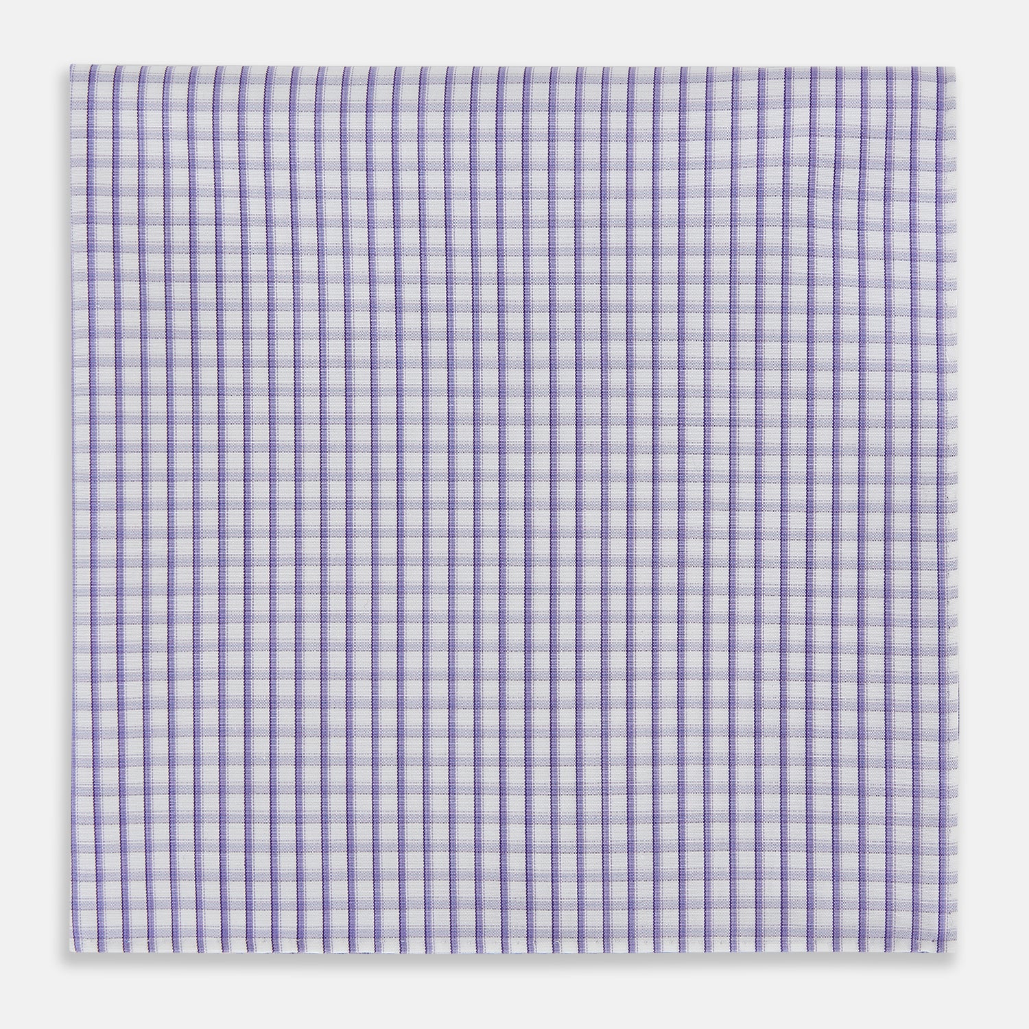 View 1 of product The Turnbull & Asser Purple Micro Shadow Check Hand-Rolled Handkerchief, crafted in England, features a checkered purple and white pattern with fine hand-rolled edges.