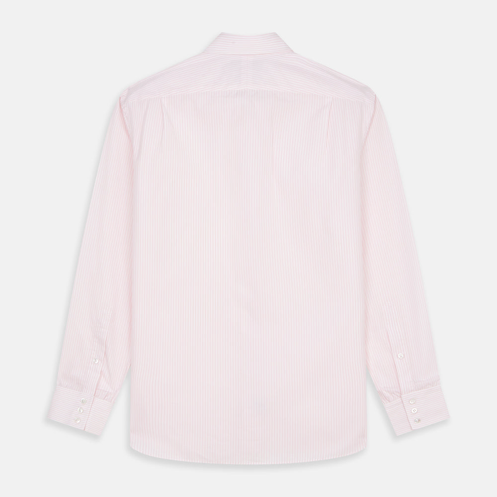 The Turnbull & Asser White and Pink Wide Stripe Belgravia Shirt features long sleeves, a classic collar, buttoned cuffs, and a wide stripe pattern—an elegant men's formal shirt from the Belgravia collection.