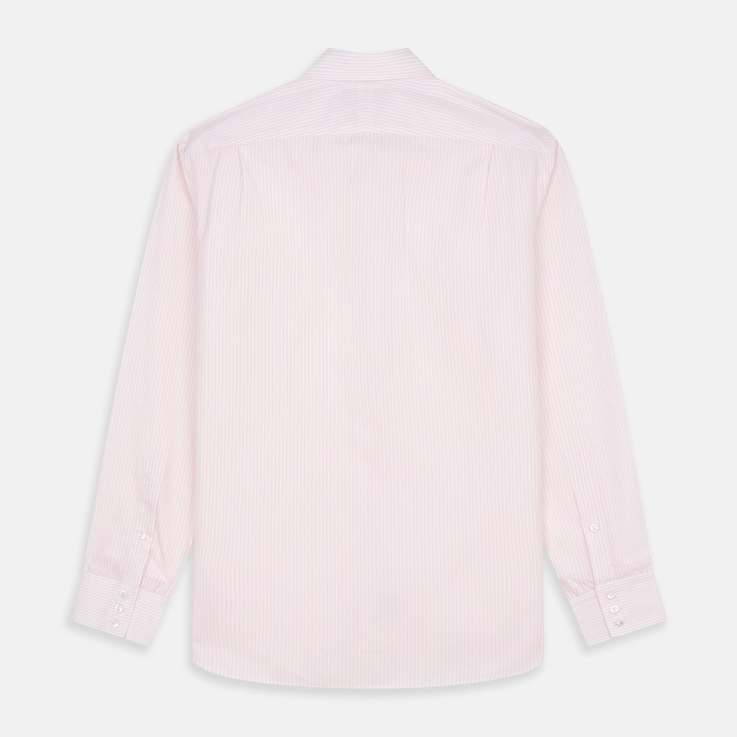View 5 of product The Turnbull & Asser White and Pink Wide Stripe Belgravia Shirt features long sleeves, a classic collar, buttoned cuffs, and a wide stripe pattern—an elegant men's formal shirt from the Belgravia collection.