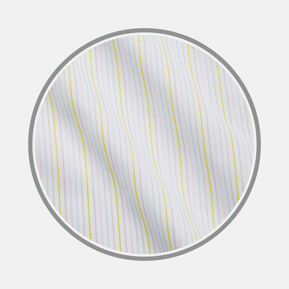 A close-up of Turnbull & Asser's Yellow Multi Stripe Cotton Fabric, featuring soft white cotton with vertical pastel yellow, blue, and pink stripes, displayed inside a gray circular border with a slightly wrinkled texture.
