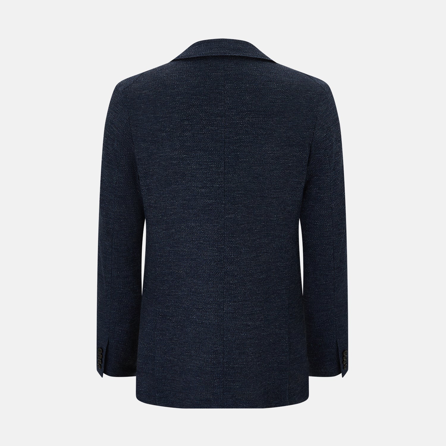 View 3 of product The Turnbull & Asser Navy Linen Blend Cambridge blazer features British tailoring with a notched lapel, two buttons, and three front pockets, shown on a plain white background.