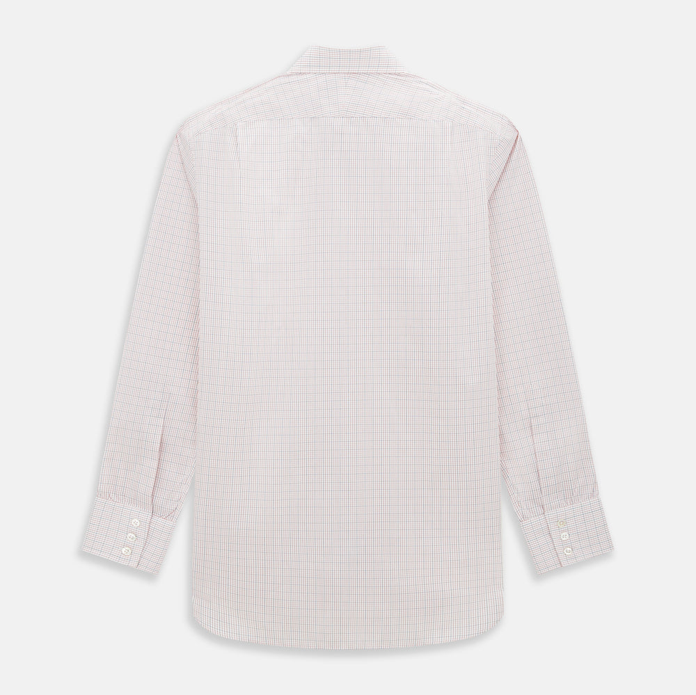 The Turnbull & Asser Red Micro Graph Check Mayfair Shirt is a long-sleeved, button-up Italian cotton shirt with a spread collar and buttoned cuffs, shown on a plain white background.