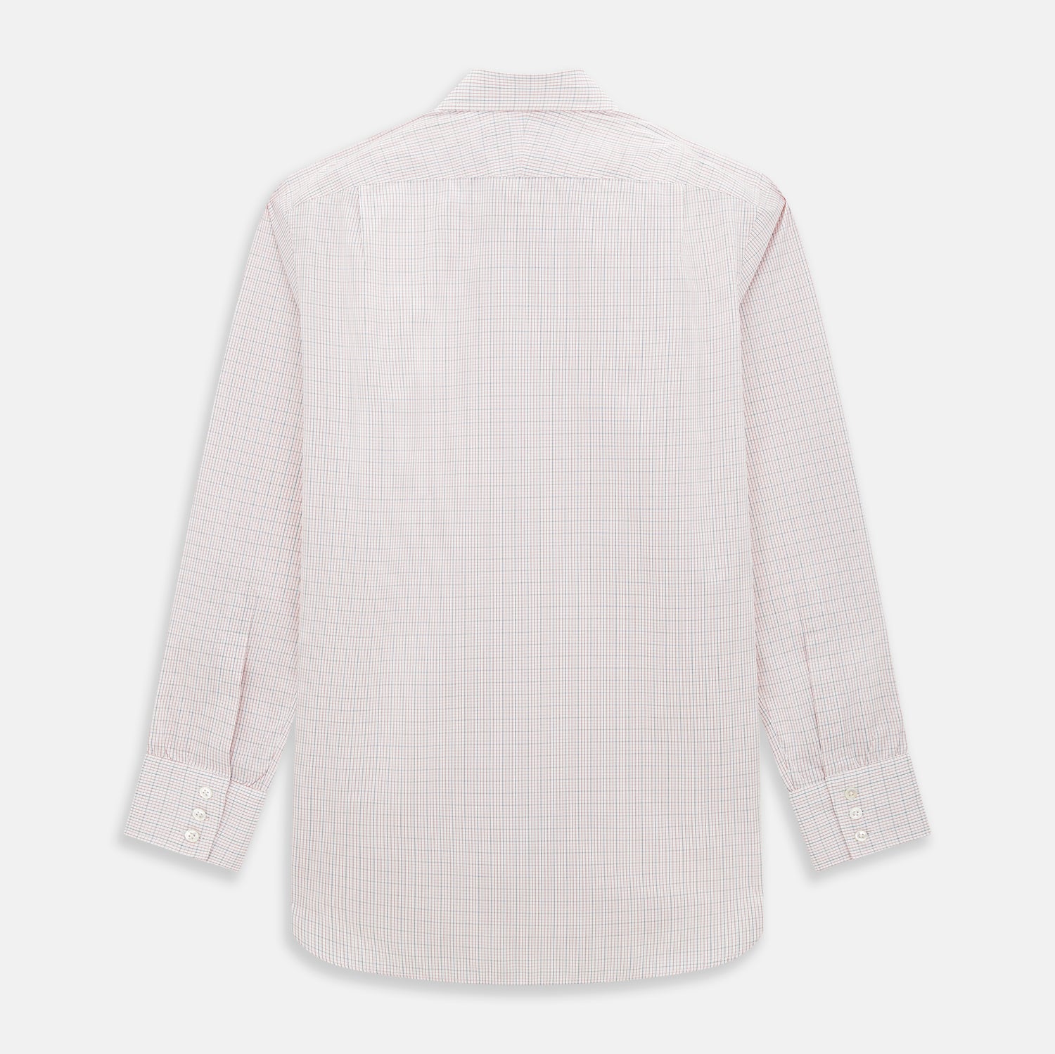 View 3 of product The Turnbull & Asser Red Micro Graph Check Mayfair Shirt is a long-sleeved, button-up Italian cotton shirt with a spread collar and buttoned cuffs, shown on a plain white background.