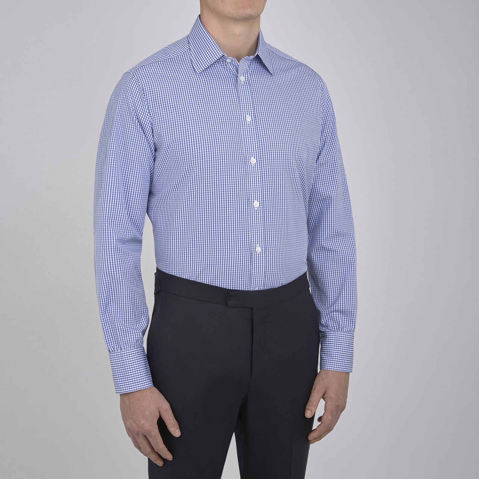 View 2 of product The Turnbull & Asser Mid-Blue Gingham Check Shirt features a T&A collar and 3-button cuffs, crafted from soft cotton and displayed against a plain white background.