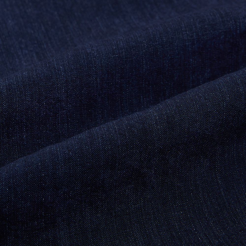 The Navy Linen Westminster Shirt by Turnbull & Asser features a classic collar and buttoned cuffs, exemplifying British craftsmanship. Shown here in long sleeves, the shirt is displayed flat against a white background.