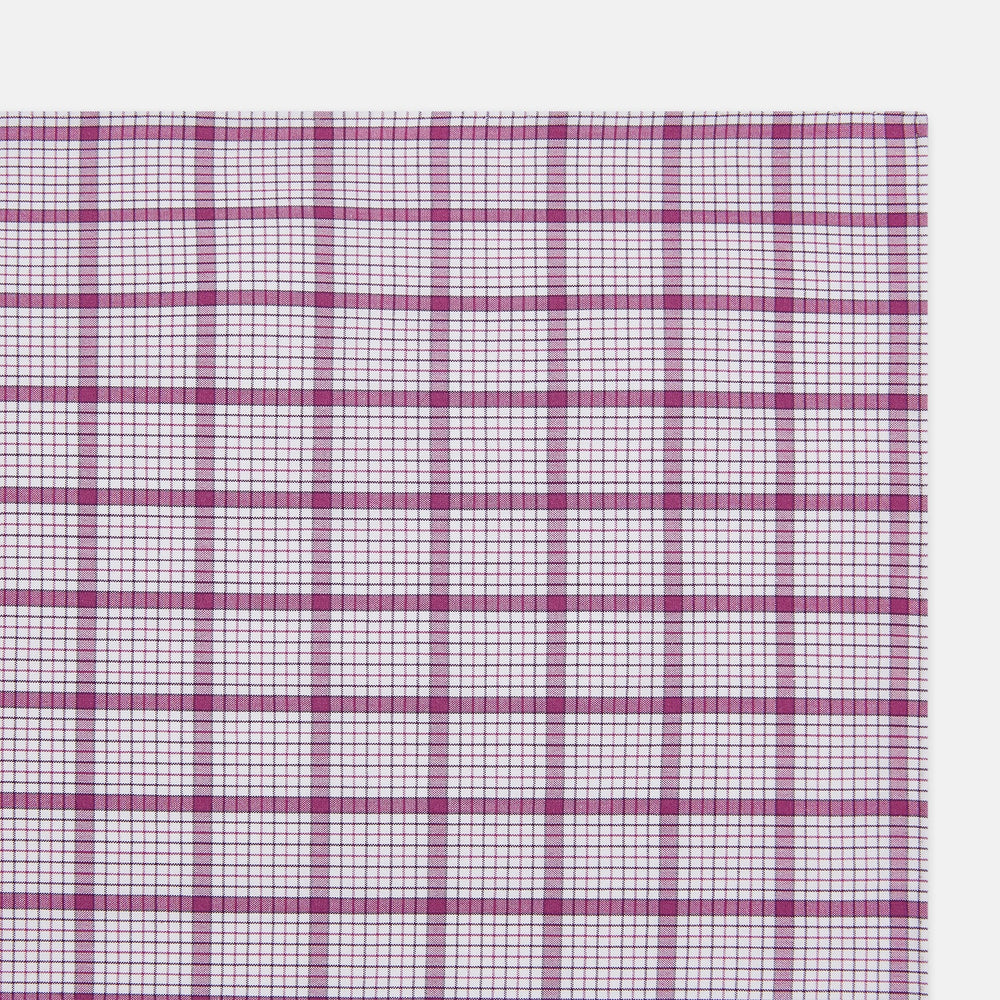 The Turnbull & Asser Hand Rolled Purple Graph Overlay Check Handkerchief is a white cotton accessory featuring intersecting purple and pink lines that create evenly spaced squares across the fabric.