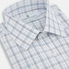 View 2 of product The Turnbull & Asser Purple and Blue Multi Check Mayfair Shirt features long sleeves, a button-up front, and a classic T&A collar, with blue and light gray checks on white, displayed flat against a plain white background.