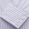 View 2 of product The Turnbull & Asser Lilac Stripe Cotton Regular Fit Mayfair Shirt features thin white and lilac stripes, a T&A collar, and buttoned cuffs, shown laid flat on a white background.